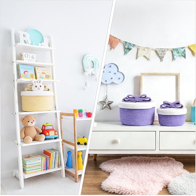 Cute Storage Baskets with Lids, Small Round Woven Rope Basket with Lid, Small Toy Box for Kids, Cat or Dog, Cute Basket for Gift, Toy or Home Decor, Chic Bow Handle (blue)