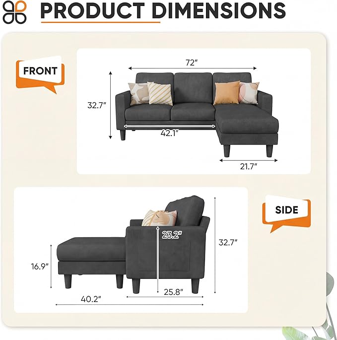 JUMMICO L Shape Sectional Sofa Couch, 3 Seat Convertible Sofa with Movable Ottoman and Side Storage Pockage, Modern Sofa Small Couches for Living Room & Apartment and Small Space (Linen, Deep Grey)