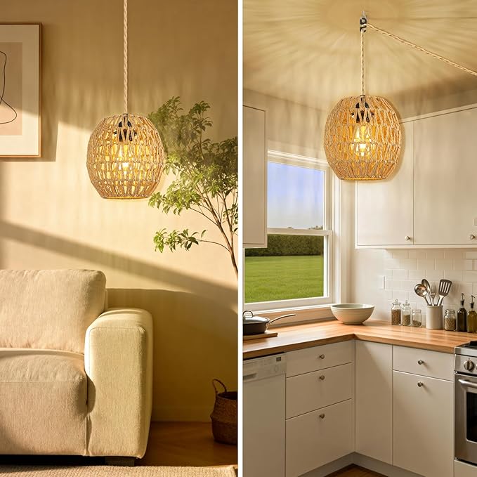 SLYYMY Plug in Pendant Light, 15FT Hemp Rope Cord, Hanging Lamps Rattan Pendant Light, On/Off Switch Hanging Lights for Bedroom Living Kitchen