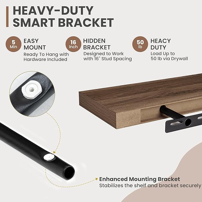 55 Inch Floating Shelves, 8 Inch Deep Floating Shelves for Wall, Hanging Shelf with Invisible Brackets, Deep Shelves for Bathroom, Bedroom, Living Room, Walnut, Set of 1