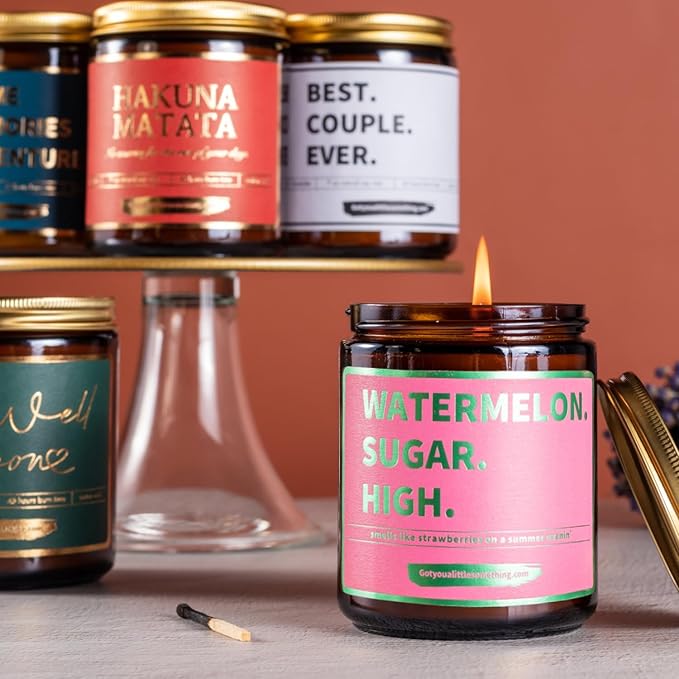 Watermelon Sugar High Scented Candle - Smells Like Strawberries on a Summer Evening - Harry Styles Gifts - Harry Merch - Harry S One Direction Present Idea Music Themed Gift for Fans