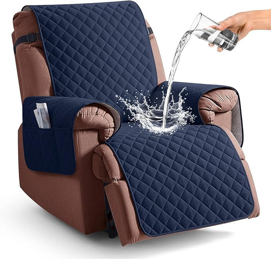 KinCam 100% Waterproof Recliner Chair Cover, Reclining Couch Covers for Pets, Dogs, Recliner Couch Slipcover Furniture Protector with Elastic Straps for Kids(23.6", Dark Blue)