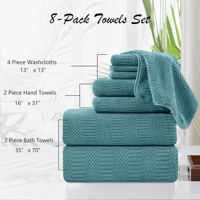 8 Piece Oversized Turquoise Bath Towel Set-2 Extra Large Bath Towel Sheets,2 Hand Towels,4 Washcloths-600GSM Soft Highly Absorbent Quick Dry Beach Chair Towels Woven Towels for Bathroom Hotel and Spa