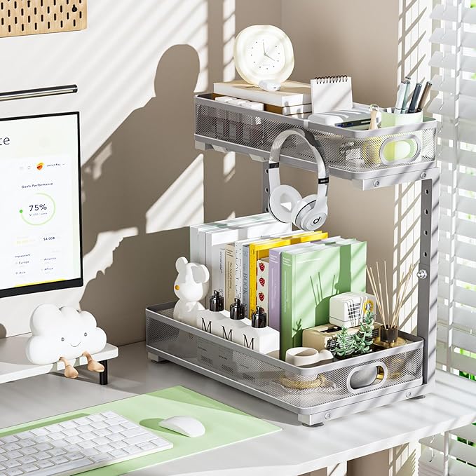 der Sink Organizer, High Adjustable 2 Tier Under Sink Organizers and Storage, Slide Out Metal Cabinet Organizers, Pull Out Sink Storage Drawer Shelf for Kitchen Bathroom Cabinet, Grey, 2 Pack