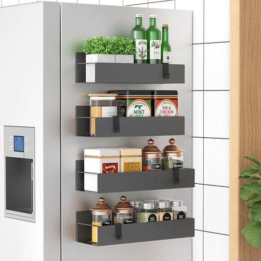4 Pack Magnetic Spice Storage Rack Organizer for Refrigerator and Oven, Dark Gray Fridge Organizers and Storage