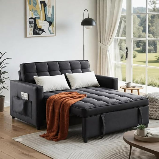 3 in 1 Convertible Sofa Bed, Love Seat Sleeper Bed with Side Pockets, PU Fabric Pull Out Couch with Adjustable Backrest for Living Room, Bedroom, Apartment, Black