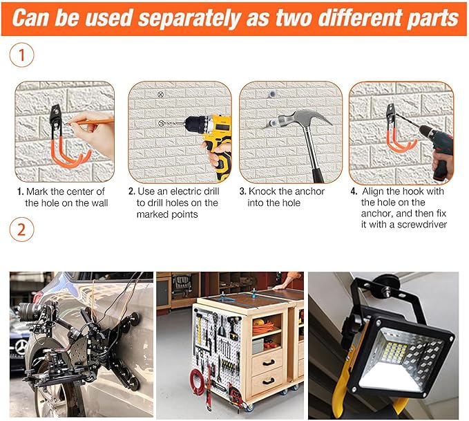 Large Heavy Duty Magnetic Garage Hooks,4 Pack Strong Magnet Hook for Power Drill,Garden Tools,Hose,Pegboard,Garage, Workshop,Magnetic Storage Hooks for Indoor Outdoor Hanging(Orange)