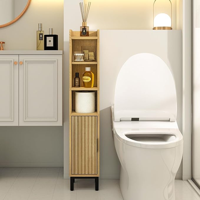 Narrow Bathroom Storage Cabinet, Corner Toilet Paper Floor Cabinet 5 Tiers with Door and Shelves,Bathroom Organizer with Adjustable Shelf, for Small Spaces (Oak)