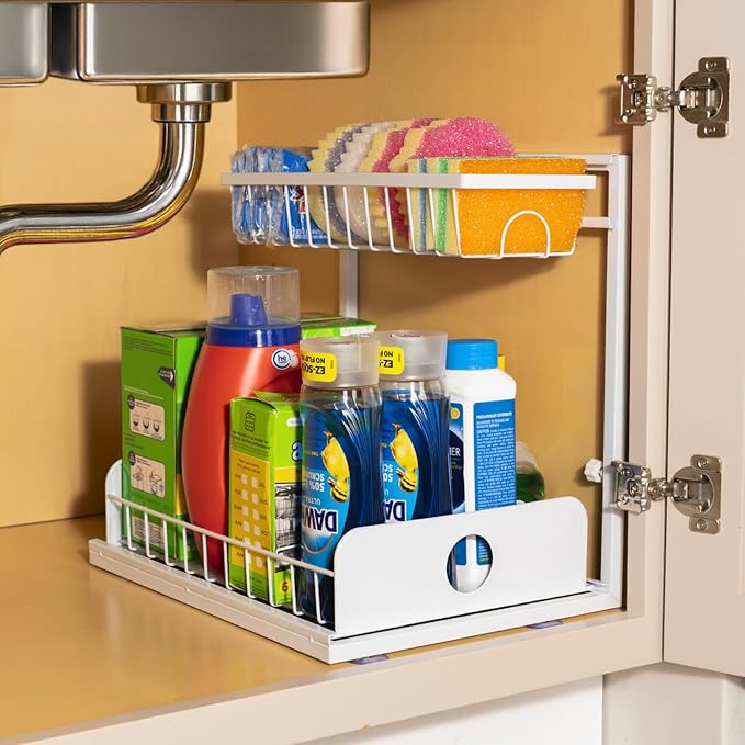 Under Sink Organizer, 2 Tier Pull Out Cabinet Organizer, Adjustable Height, Slide Out Storage Shelf, Sliding Drawers, Under Sink Storage for Kitchen Bathroom Laundry Room Cabinet, White, 1 Pack