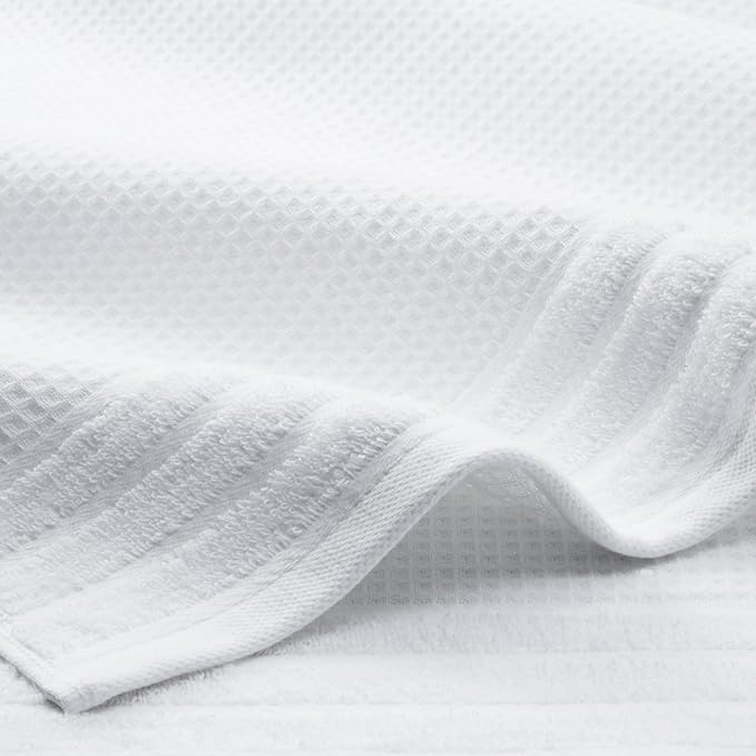 Town & Country Basics 6-Piece Assorted Waffle Woven Terry Stripe Set, 2 Bath Towel, 2 Hand Towel, 2 Washcloth, 100% Cotton, Quick Dry, White