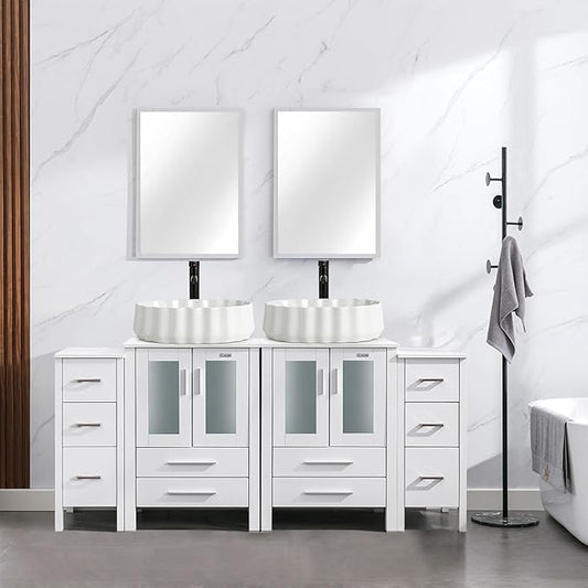 eclife 72" Modern Bathroom Vanity Sink Combo Freestanding Cabinet with Small Side Cabinet, White Shell Ceramic Vessel Sink, Water Save Faucet, Drain (White+T54)
