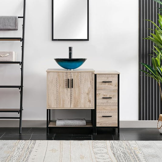 eclife 36" Bathroom Vanity Sink Combo Modern Metal Stand Cabinet W/Bottom Shelf & Storage Side Cabinet Turquoise Square Vessel Sink & Water Save Faucet & Pop Up Drain, Oak (A10)