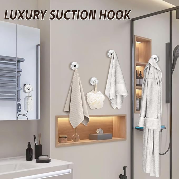 Reusable Heavy Duty Suction Cup Hooks for Kitchen/Bathroom/Shower - Wet-Proof Hooks for Towels, Robes, Loofah&Wreaths/No Drill Mounting on Glass, Tile, Metal (2, Polished Chrome)