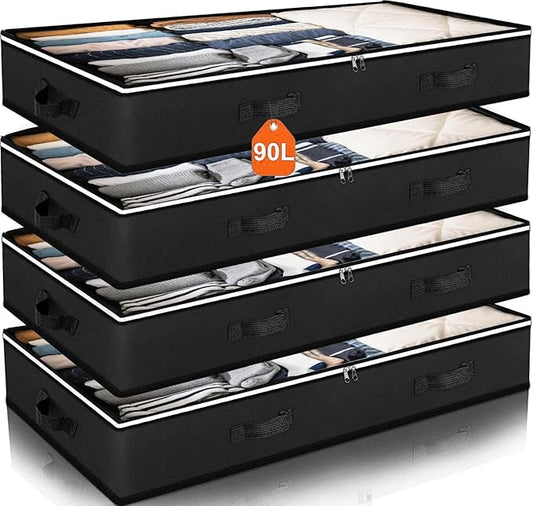 90L Under Bed Storage Containers, Closet Organizers and Storage Bins, Foldable Underbed Storage Bags for Blankets, Towels, Comforter, Sweaters, Linen Sheets, Wrapping Paper (Black, 4 Pack)