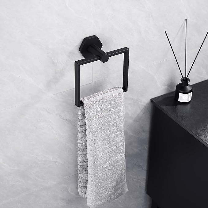 GERZWY Bathroom 2-Piece Accessory Set SUS 304 Stainless Steel Toilet Paper Holder Towel Ring Wall Mount, Matte Black