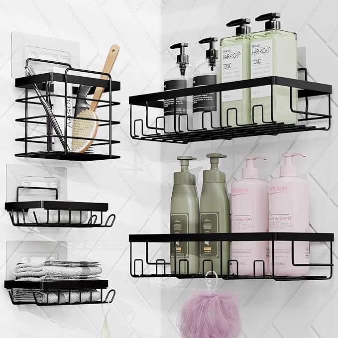 Clara Clark Bathroom Accessories Set - 27PC Bathroom Set with Adhesive Corner Shower Caddy Hanging, Bathroom Sets with Shower Curtain and Rugs, Ombre Navy Shower Curtain Set with Bathroom Trash Can