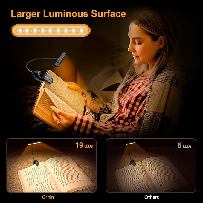 Gritin Rechargeable Book Light for Reading in Bed with 19 LED &Memory Function-Eye Caring 3 Color Temperatures,5 Brightness Levels,90 Hrs Runtime Flexible Goose Neck Clip on Light for Book Lovers