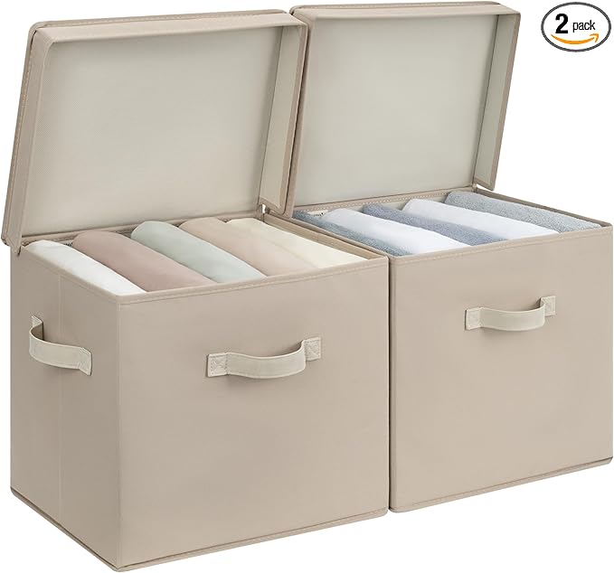 StorageWorks Storage Boxes with Lid, Collapsible Storage Bins with Handles, Stackable Closet Organizers for Shelves, and Bedroom, 15" x11¼x12½, Light Brown, 2-Pack