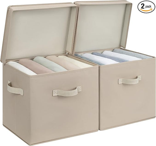 StorageWorks Storage Boxes with Lid, Collapsible Storage Bins with Handles, Stackable Closet Organizers for Shelves, and Bedroom, 15" x11¼x12½, Light Brown, 2-Pack