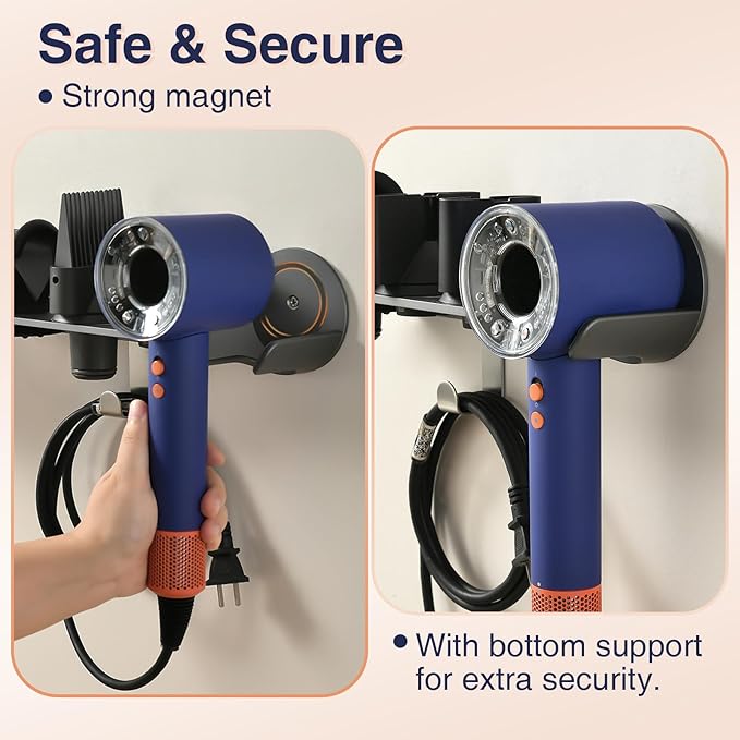 Hair Dryer Holder, Wall-Mounted Blow Dryer Holder, for Dyson Supersonic Nural Attachments, Metal, Gray
