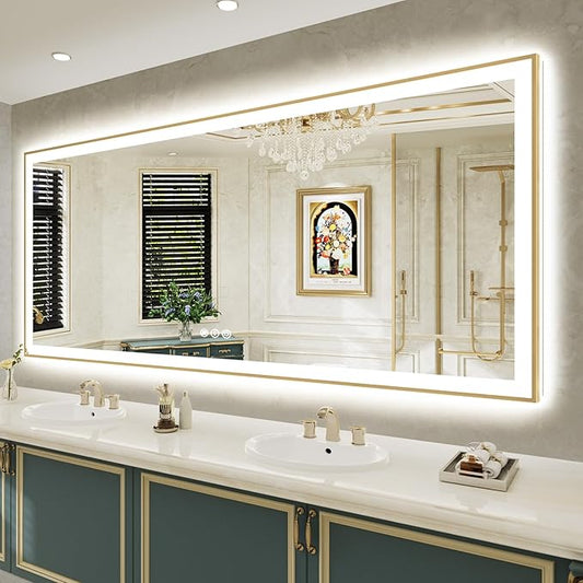 88x38 Inch LED Bathroom Mirror with Lights (Front Lit and Backlit) Gold Framed Lighted Vanity Mirror for Bathroom Wall Dimmable Anti-Fog Memory Tempered Glass Horizontal/Vertical