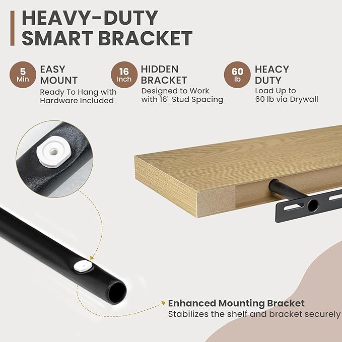72 Inch Floating Shelves, 8 Inch Deep Floating Shelves for Wall, Hanging Shelf with Invisible Brackets, Deep Shelves for Bathroom, Bedroom, Living Room, Oak, Set of 2