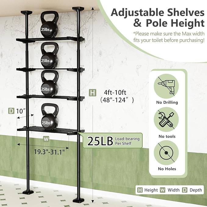 No-Drill Over Toilet Storage Shelf - 4-Tier Adjustable Bathroom Organizer