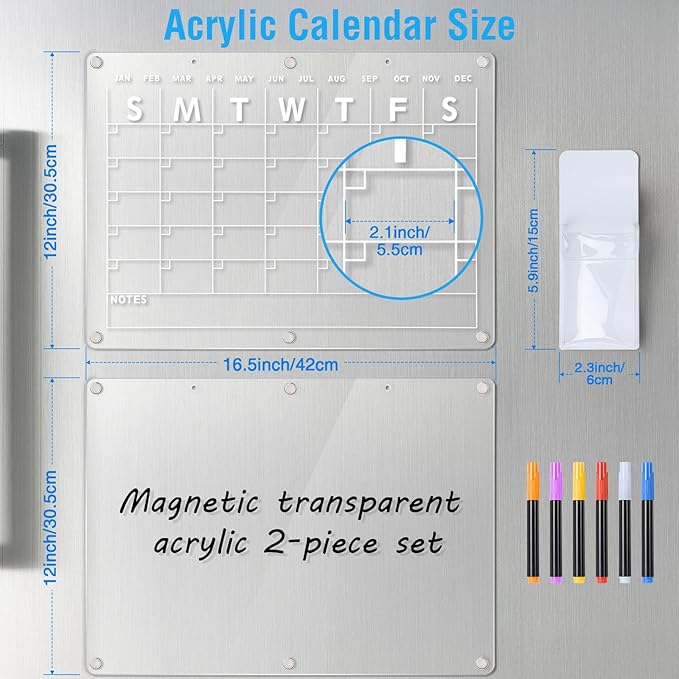 Acrylic Magnetic Dry Erase Board Calendar for Fridge 2 Set, 16.5"x12" Inch Clear Dry Erase Calendar for Refrigerator, Acrylic Planner Calendars Includes 6 Colors Markers with Eraser