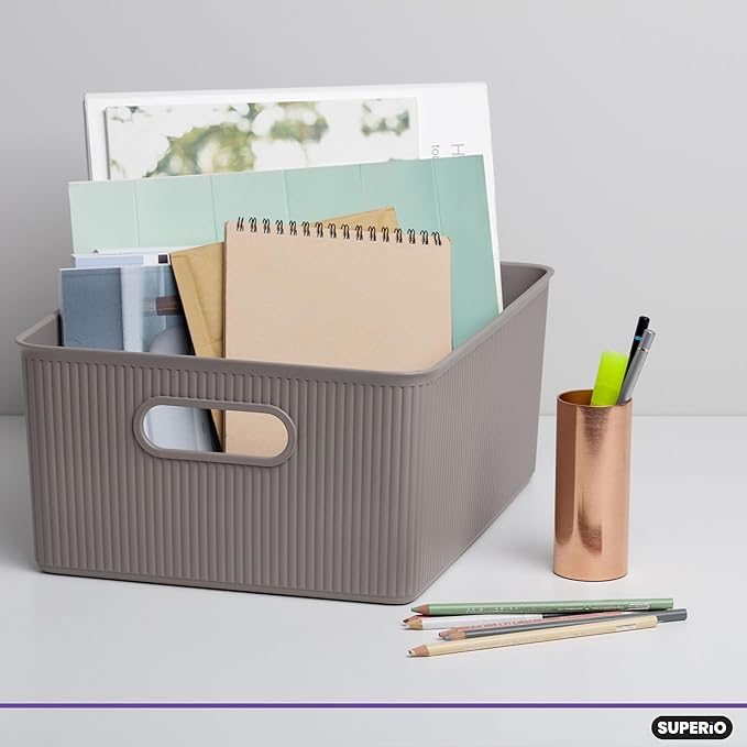 Decorative Plastic Basket Open Home Storage Bins Organizer, Large Taupe (4 Pack) Container Boxes for Organizing Closet Storage Bins for Shelves Drawer Shelf - Ribbed Collection 15 Liter/16 Quart