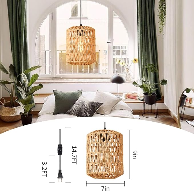 Plug in Pendant Light, Rattan Hanging Lights with Plug in Cord 15ft Dimmable Cord, Hand Woven Wicker Lampshade Hanging Lamp, Boho Plug in Hanging Ceiling Light Fixture for Farmhouse Bedroom