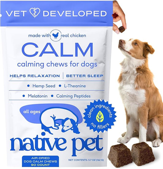 Native Pet Calming Chews for Dogs - Melatonin for Dogs Anxiety Relief - Grain Free All Natural Hemp Calming Treats & L-Theanine Helps Manage Stress & Separation Anxiety - Puppy Sleep Aid - 90 Chews