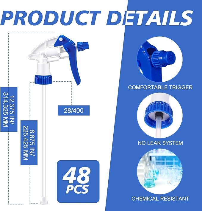 Hushee 48 Pack 28-400 Replacement Trigger Spray Nozzles Only, Heavy Duty Bottle Sprayer for Industrial Home Use, Fit for 32 oz, 16 oz, 8 oz Plastic and Glass Bottles (Blue)