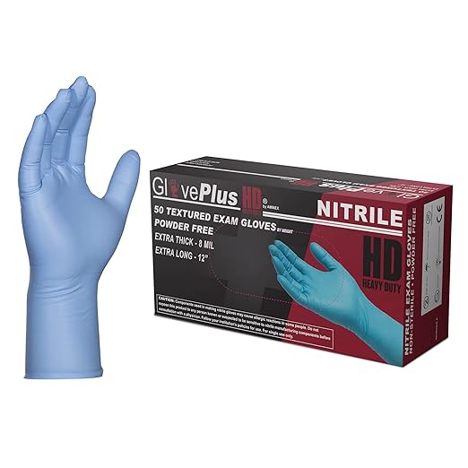 GLOVEPLUS HD Medical Blue NitrileGloves - 8 mil, 12 inches long, Latex Free, Powder Free, Textured, Disposable, Non-Sterile, Large,GPNHD66100, Case of 500