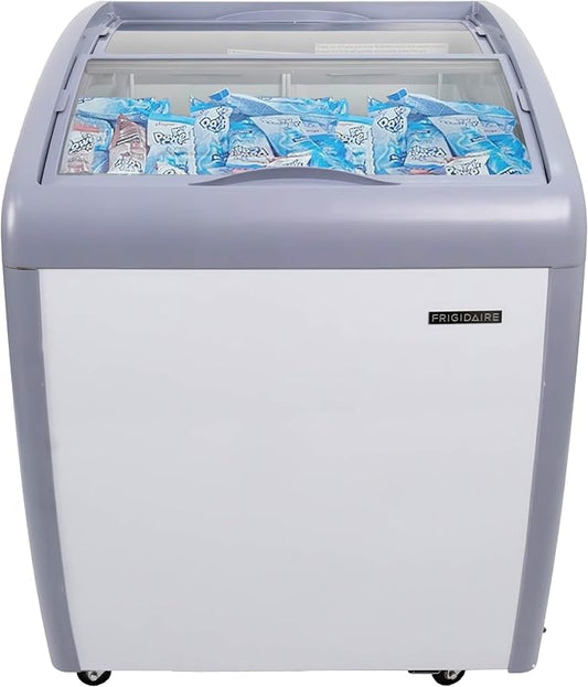 Frigidaire Commercial Chest Freezer for Ice Cream and Frozen Foods, Store Displayer, Glass Top Storage Case, 4 Cu. Ft. Bin, Rolling Caster Wheels, Adjustable Temperature, Energy Efficient Cooling
