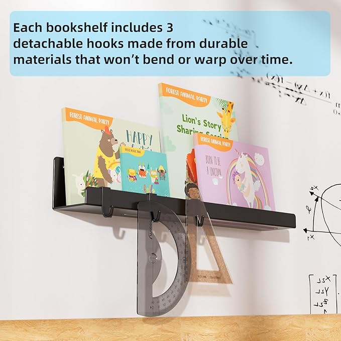 2-Pack Magnetic Book Shelf for Whiteboard - 17 Inch Reusable Metal Magnetic Shelves, Holds 14.33 lbs, Magnetic Book Display for Classrooms, Kitchen(New Black)