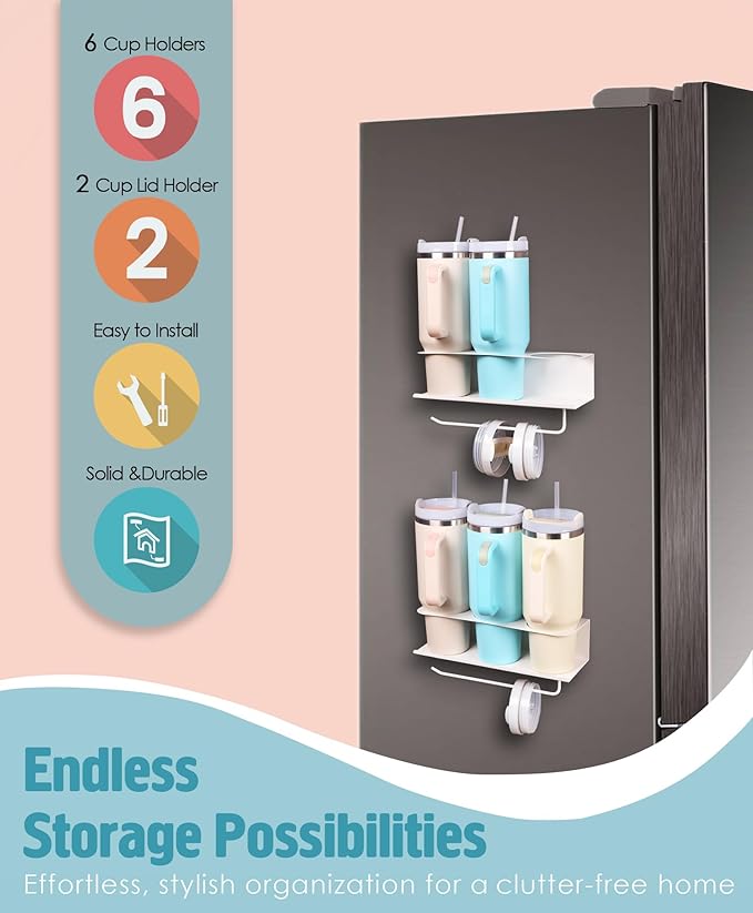 Magnetic Cup Holder for Stanley, Water Bottle Organizer for Kitchen Fridge Cabinet, Compatible with Stanley 30oz & 40oz Tumblers, Magnetic Cup Rack (White, 6 Tumblers& 2 Lid Holder)