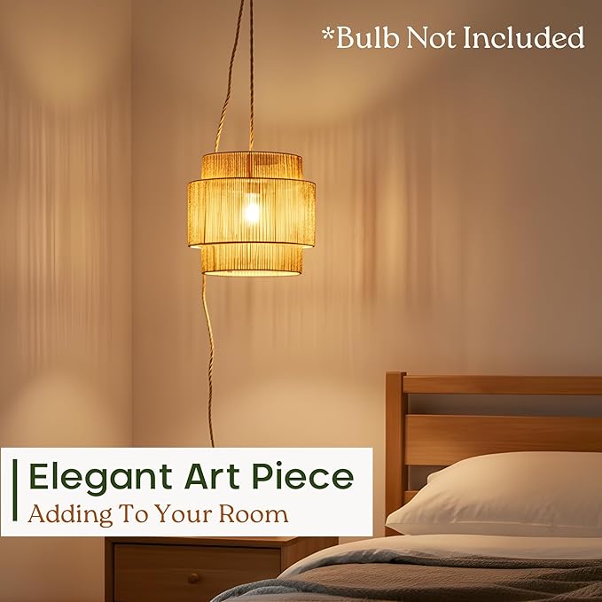 11.8" Boho Jute Plug in Pendant Light, Handwoven Natural Hanging Lamp Plug in with Dimmable Light Switch, Wicker Hanging Light Fixture for Bedroom Living Room Kitchen (No Bulb Included)