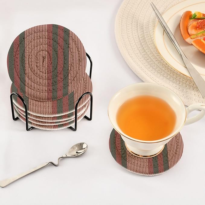 Minimalist Home Decor for Coffee Table, Kitchen, Drink Coasters, Christmas Striped Handmade Cotton Absorbent Coaster Set of 6, Housewarming and Wedding Registry Ideas