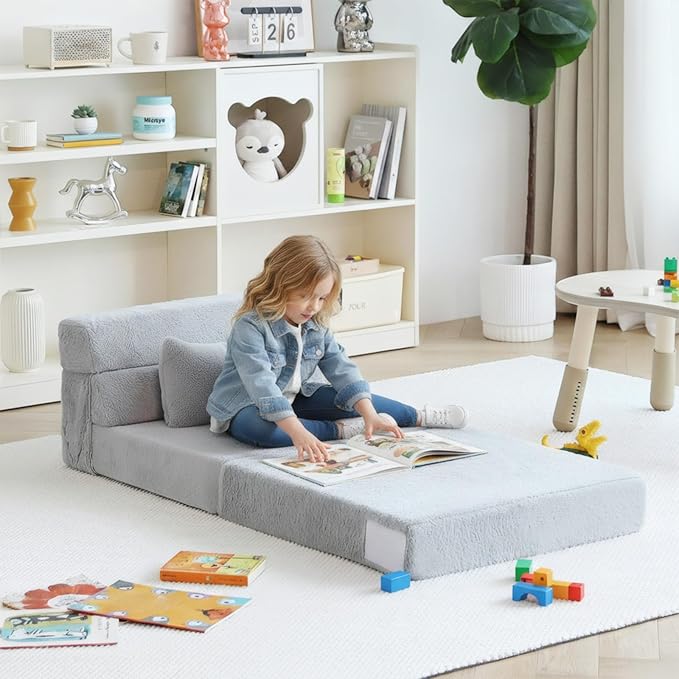 Tiita Convertible Folding Kids Sofa Bed with Pillow & Storage Bag, Plush Fabric Floor Mattress Couch Bed, Washable Cover, Kids Room, Playroom, Dorm, Apartment, White Grey