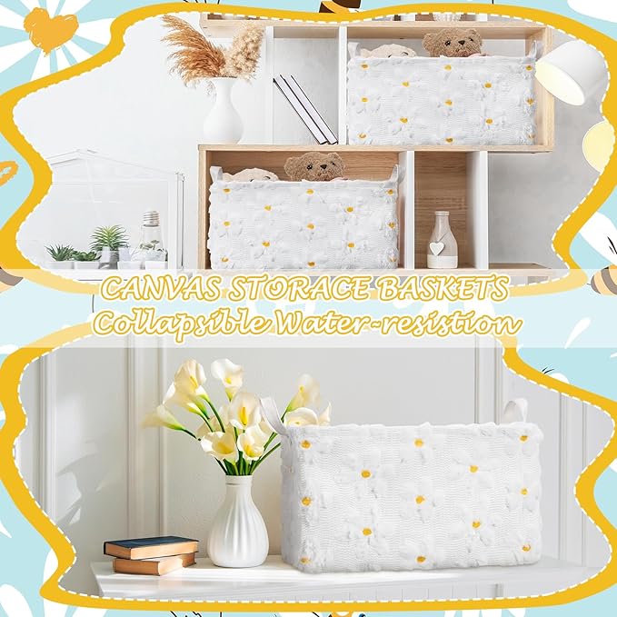 Kathfly Daisy Storage Baskets Plush Faux Fur Jacquard Design Laundry Basket with Handles Waterproof Flower Storage Bins Fabric Shelf Baskets for Organizing Closet Clothes