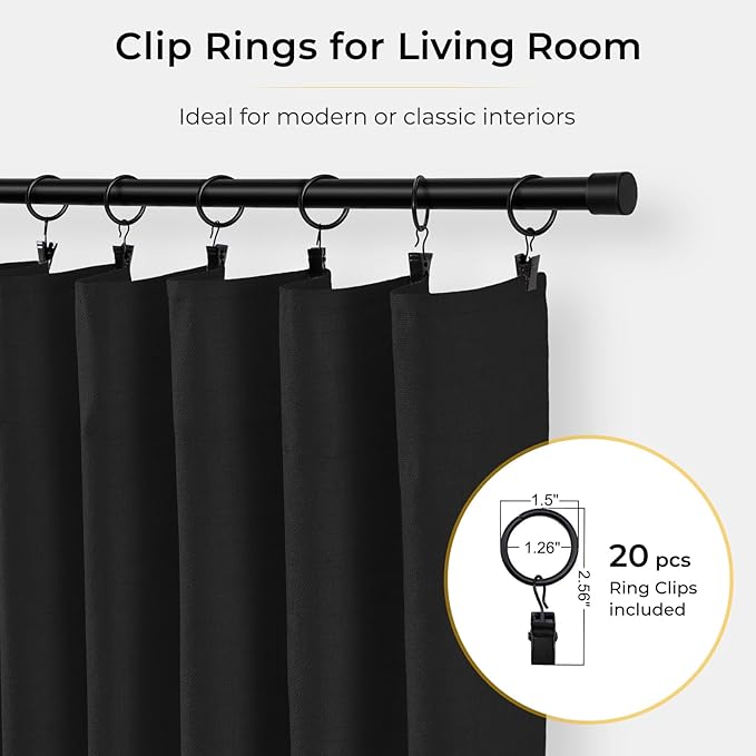 INOVADAY 100% Blackout Curtains for Bedroom, Black Out Curtains 96 Inch Long, Clip Rings Linen Blackout Drapes, Thermal Insulated Room Darkening for Living Room, 1 Panel - Black,W102xL96