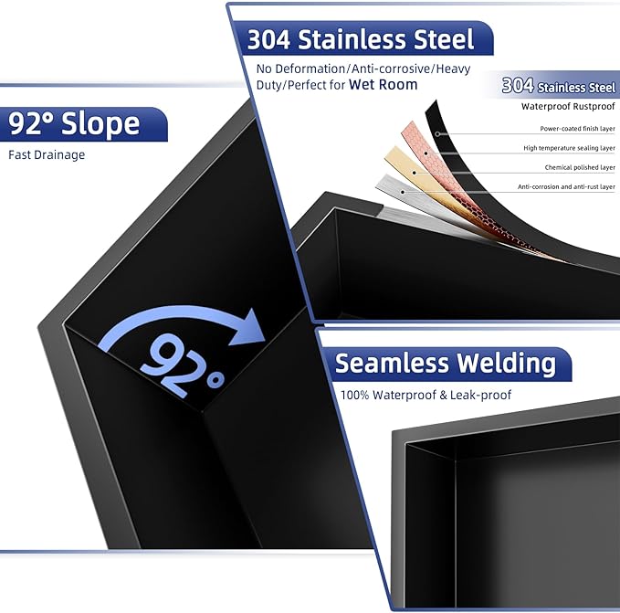 304 Stainless Steel Recessed Shelf,Over Mount Installation for Bathroom & Shower Wall,Waterproof (Black, 24 X 12 X 4 Inches)