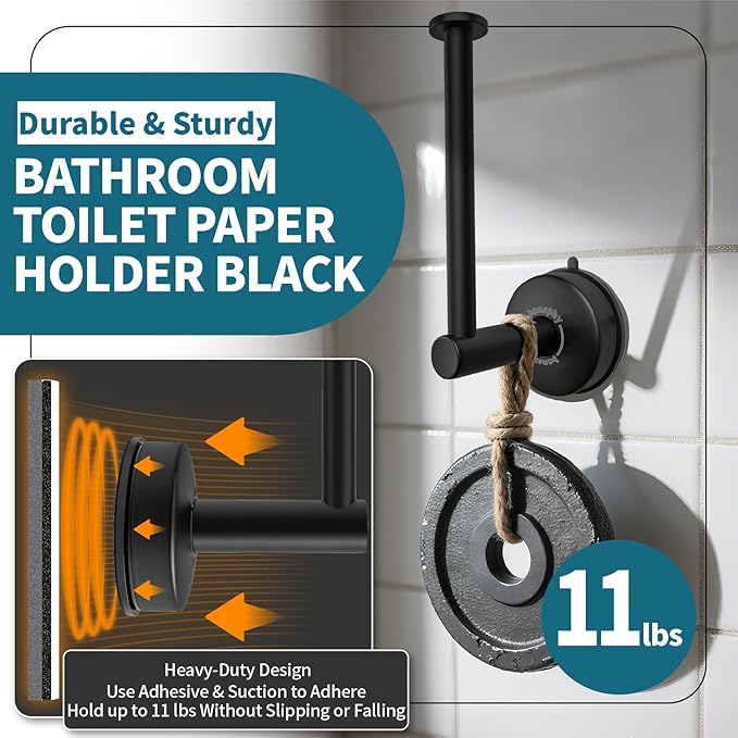 Bathroom Towel Holder | Toilet Paper Holder Wall Mount, 2-in-1, Adhesive Suction, Reusable - Towel Hanger | Black Toilet Paper Holder for Bathroom, Kitchen, RV - Install Easily, Instantly Use, 2 Pack