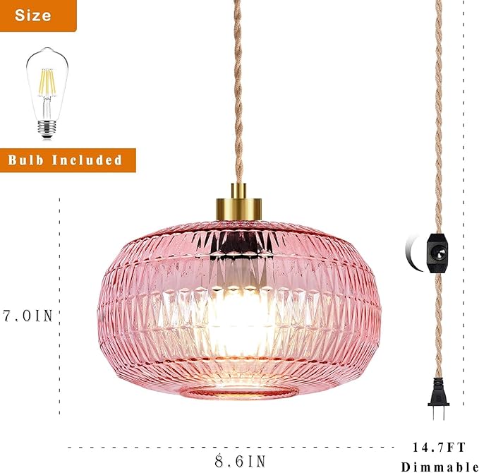 Pink Plug in Pendant Light Hanging Lights with Plug in Cord Boho Hanging Lamp Glass Gold Mid Century Modern Vintage Dimmable Flower Plug in Chandelier Ceiling Fixture for Living Room,Kitchen