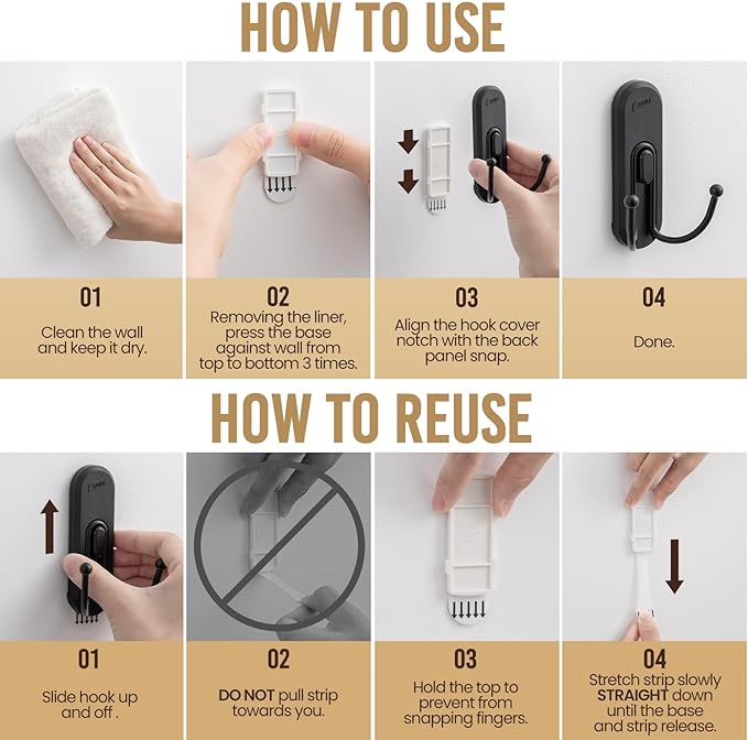 TAILI Adhesive Double Hooks for Hanging, 4 Coat Hooks & 6 Strips, Heavy Duty No-Drill Removable Large Wall Hanger for Towel, Backpack, Hat, Door,Kitchen Home Decor, Decorative Holder - Matte Black