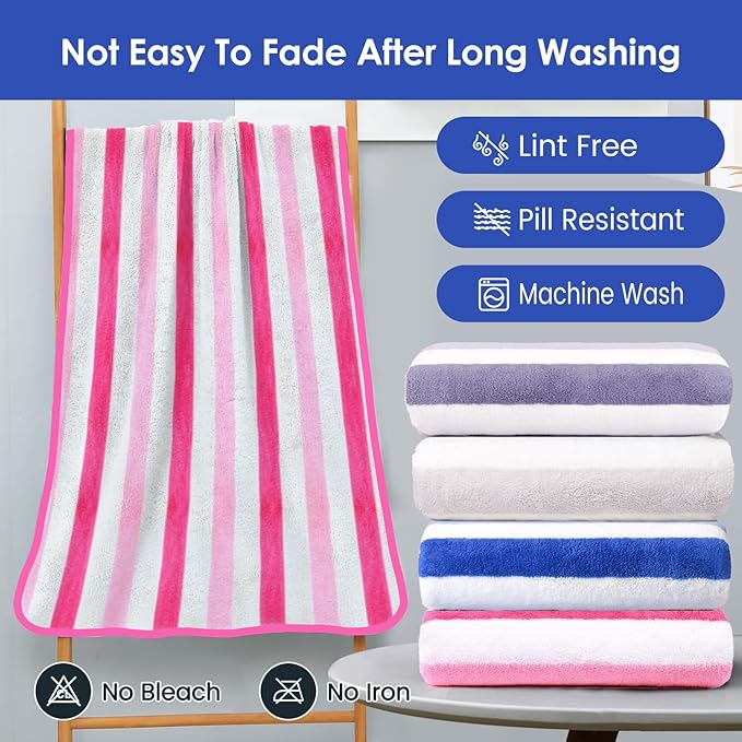 Microfiber Bath Towels Set of 4, Large Bathroom Towel for Adult, 30" x 60", Soft, Super Absorbent & Fast Drying, Use for Shower, Sauna, Sport, Fitness, Yoga, Cabana Stripe Pink