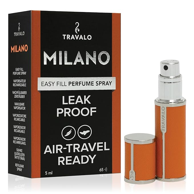 Milano Perfume Atomizer - Leak-Proof and TSA Approved for Air Travel - Reusable, Airtight, Easy Fill Mini Pump Sprayer - Lightweight, Vegan Leather with Polished Metal Outer Shell - Orange