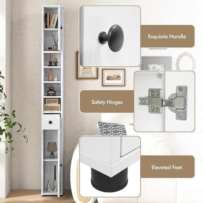 Giantex Slim Bathroom Storage Cabinet - 71” Tall Narrow Floor Cabinet Cupboard with 2 Doors, 5 Adjustable Shelves, 1 Drawer, Anti-Tipping Device, Thin Linen Tower Cabinet for Living Room (1, White)