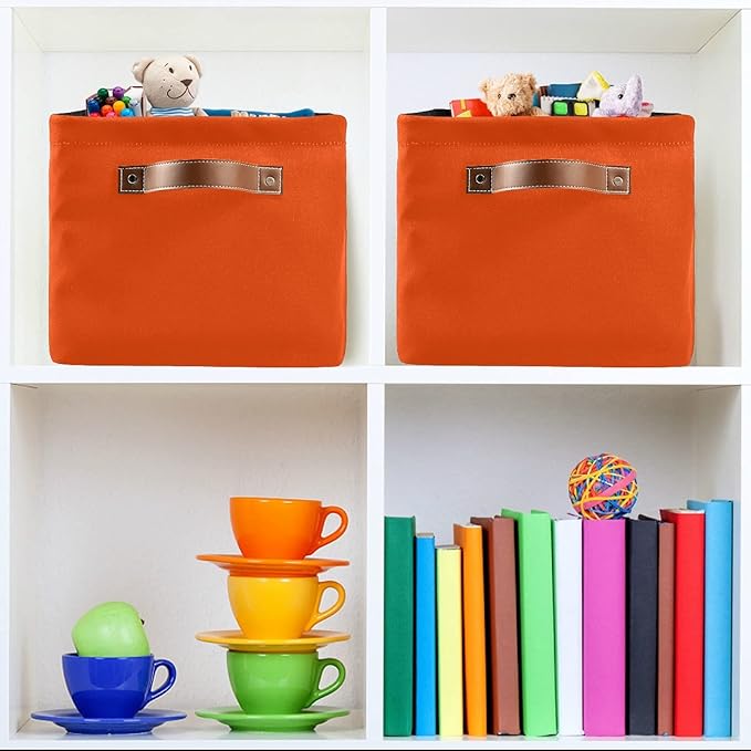 Storage Basket Plain Orange Solid Color Storage Bin Cube with Handles Foldable Storage Baskets for Shelves Living Room Home Decor 2PCS