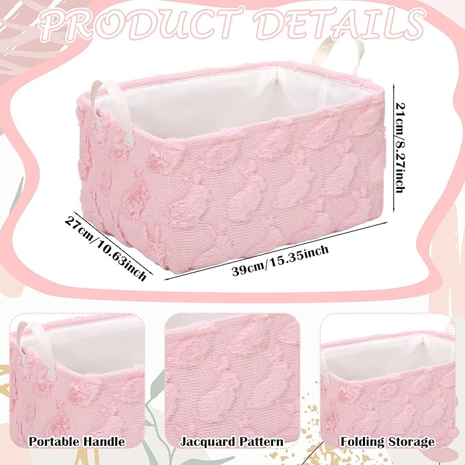 Kathfly Pink Rabbit Storage Baskets Easter Bunny Laundry Basket Plush Faux Fur Jacquard Design with Handles Waterproof Storage Bins Fabric Shelf Baskets for Easter Party Decorations